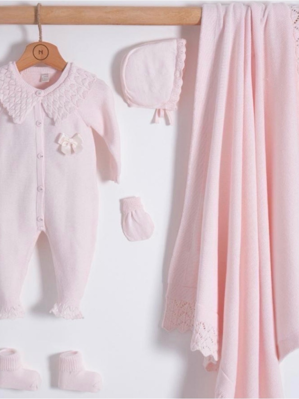 Baby Knitted Layette Set with Blanket, Romper, Bonnet, Mittens & Booties